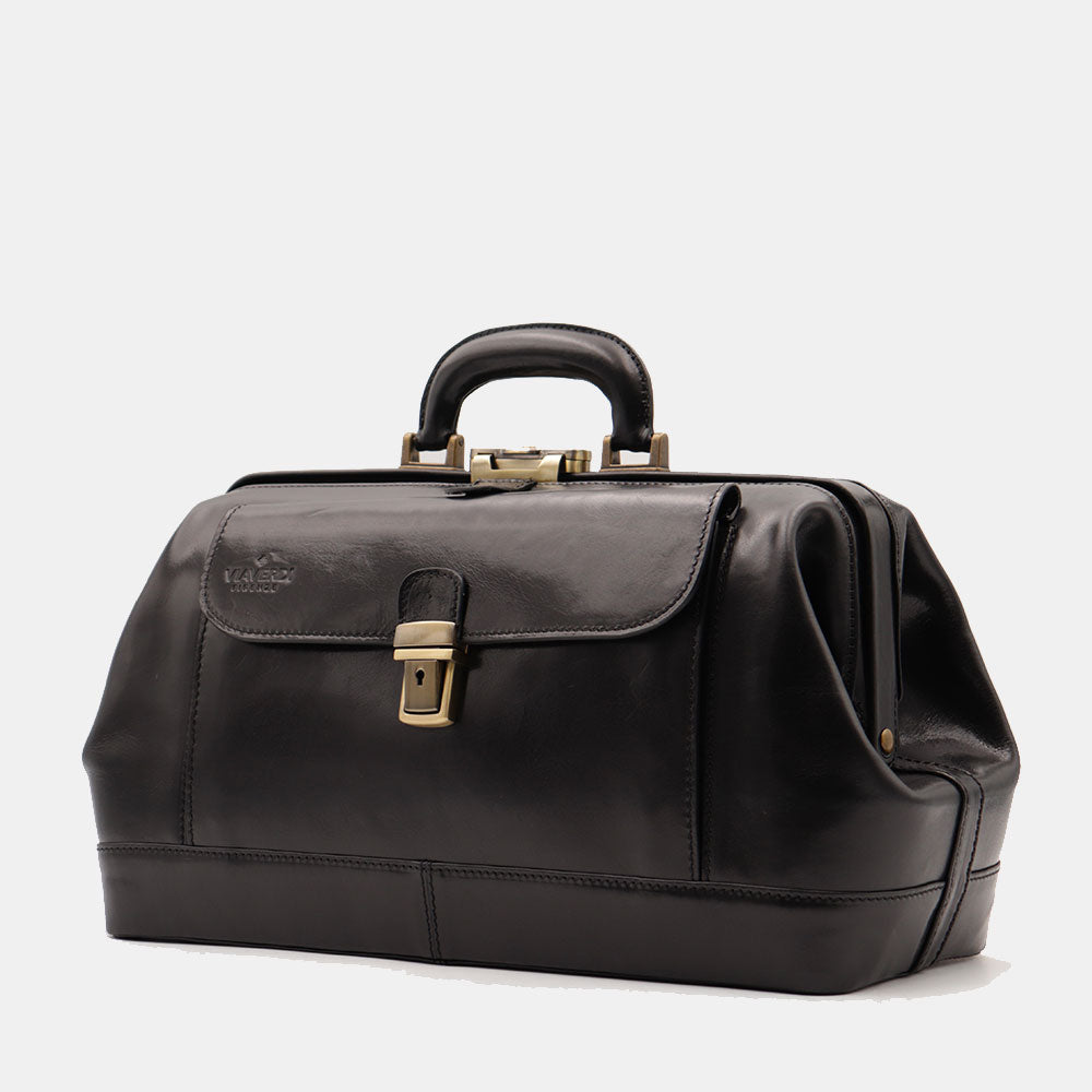VIAVERDI Classic Black Leather Doctor's Bag Made in Italy, Florence Line