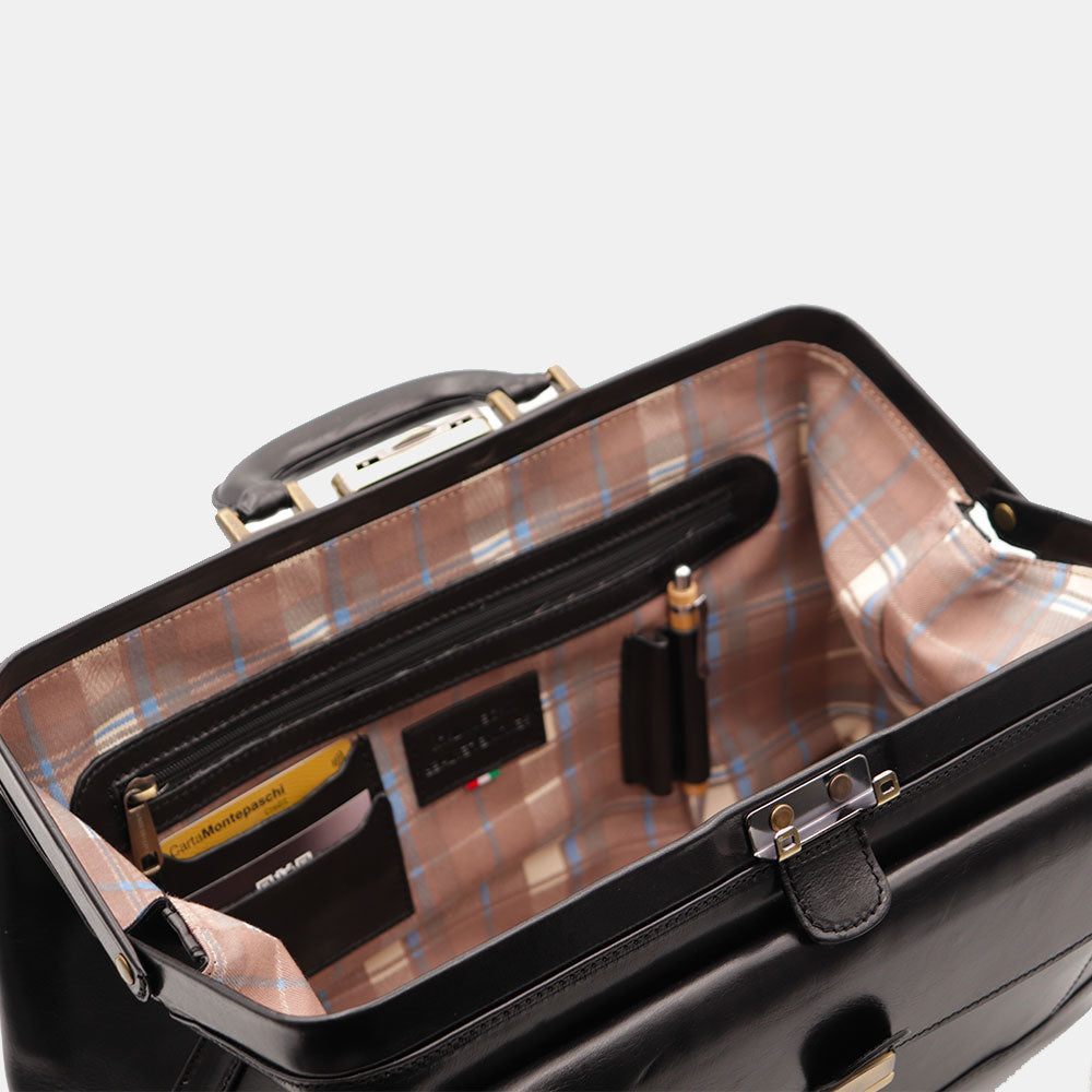 VIAVERDI Classic Black Leather Doctor's Bag Made in Italy, Florence Line