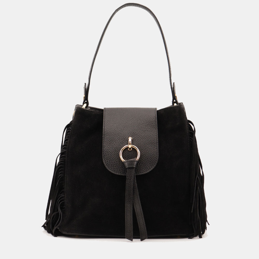 Borsa a Spalla VIAVERDI in Camoscio e Pelle Nera con Frange Made in Italy linea Certaldo