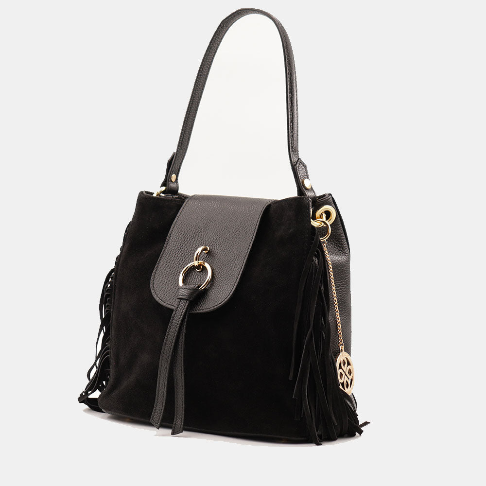 Borsa a Spalla VIAVERDI in Camoscio e Pelle Nera con Frange Made in Italy linea Certaldo