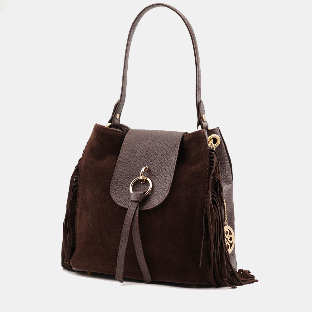 Borsa a Spalla VIAVERDI in Camoscio e Pelle Testa di Moro con Frange Made in Italy linea Certaldo