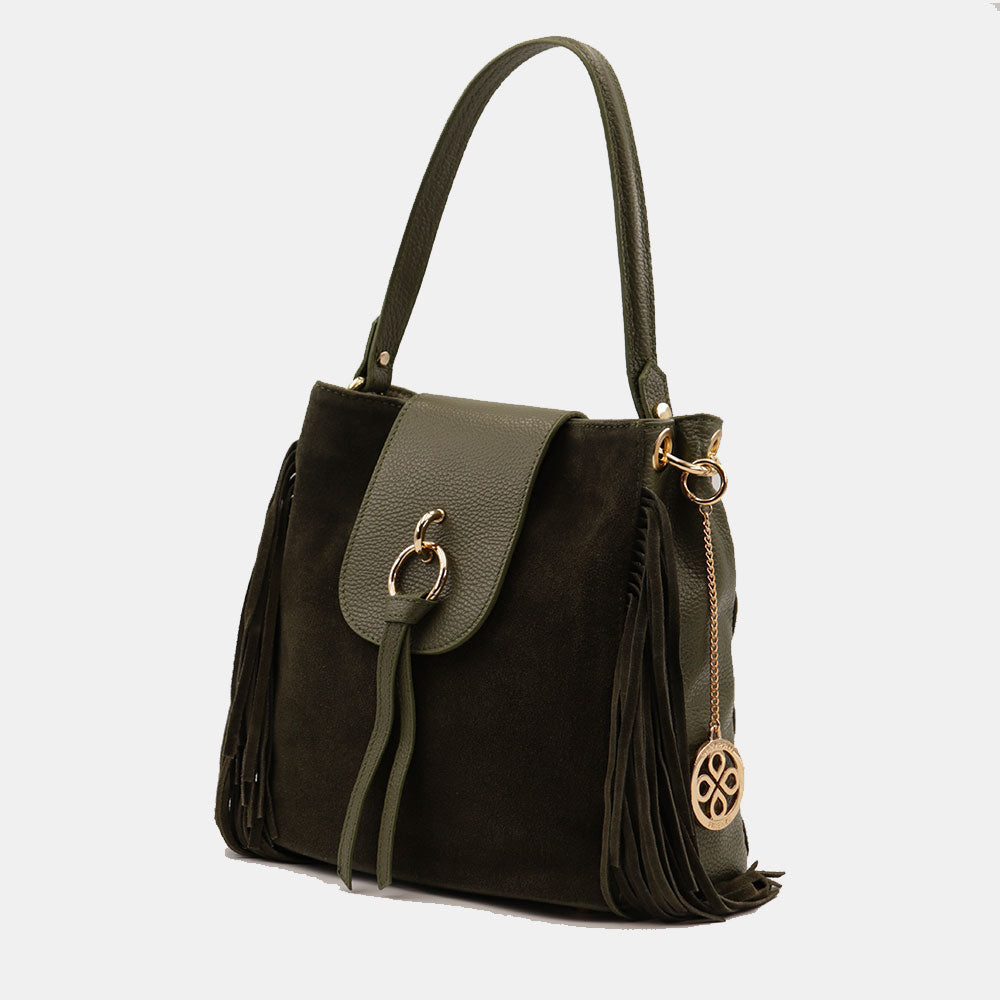 Borsa a Spalla VIAVERDI in Camoscio e Pelle Verde con Frange Made in Italy linea Certaldo