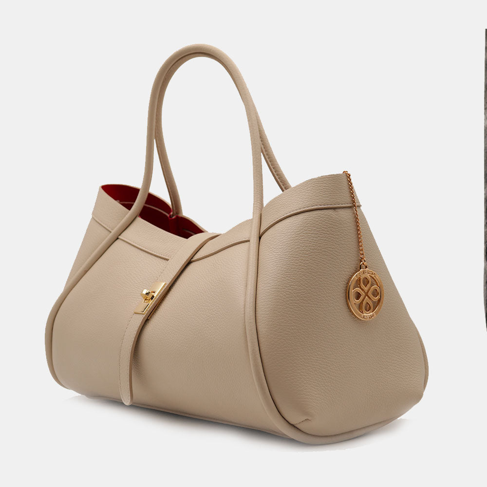 VIAVERDI Women's Shoulder Bag in Light Beige Leather Made in Italy, Cortona Line