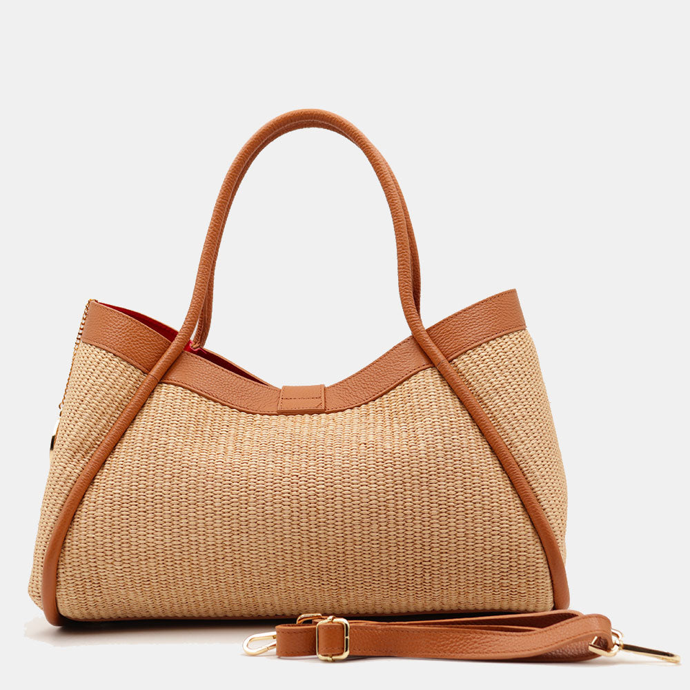 Borsa Donna a Spalla VIAVERDI in Rafia e Pelle Marrone Made in Italy linea Cortona