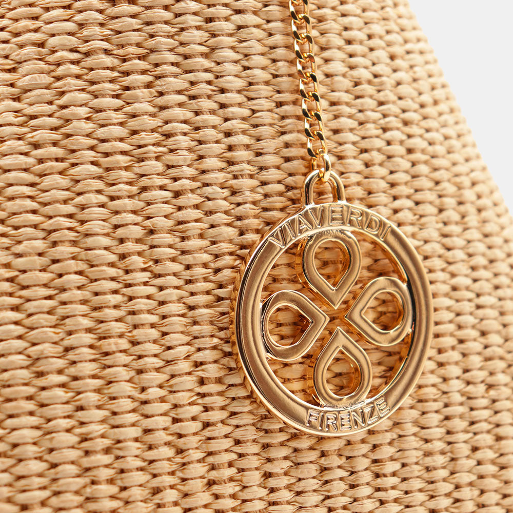 VIAVERDI Damen-Schultertasche aus Bast und braunem Leder, hergestellt in Italien, Cortona-Linie