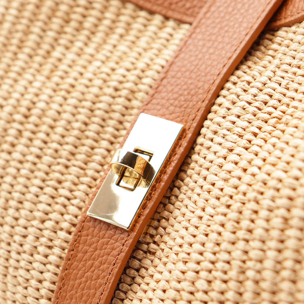 VIAVERDI Damen-Schultertasche aus Bast und braunem Leder, hergestellt in Italien, Cortona-Linie