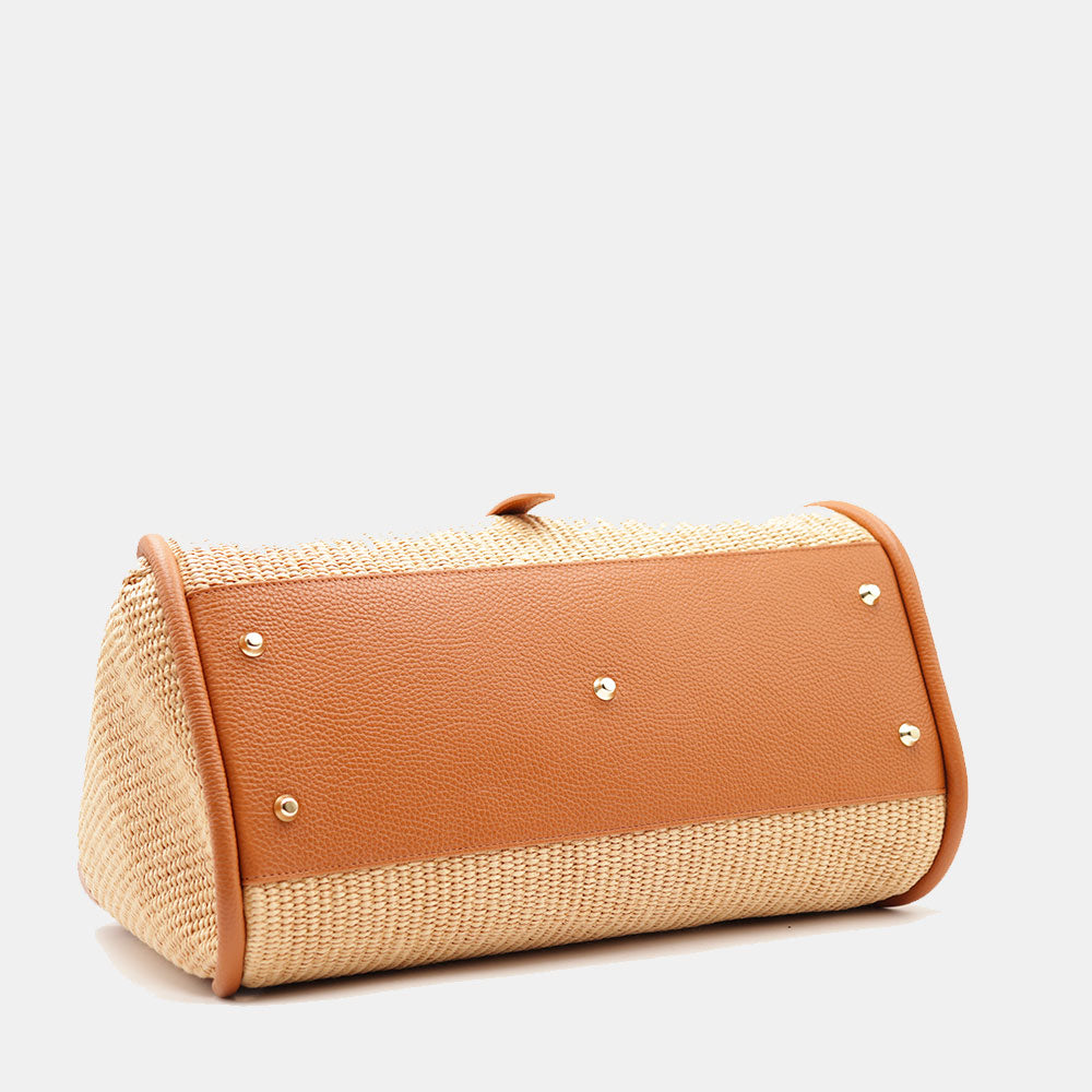 VIAVERDI Damen-Schultertasche aus Bast und braunem Leder, hergestellt in Italien, Cortona-Linie