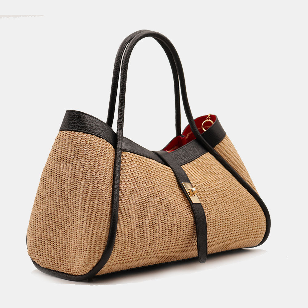 VIAVERDI Damen-Schultertasche aus Bast und schwarzem Leder, hergestellt in Italien, Cortona-Linie