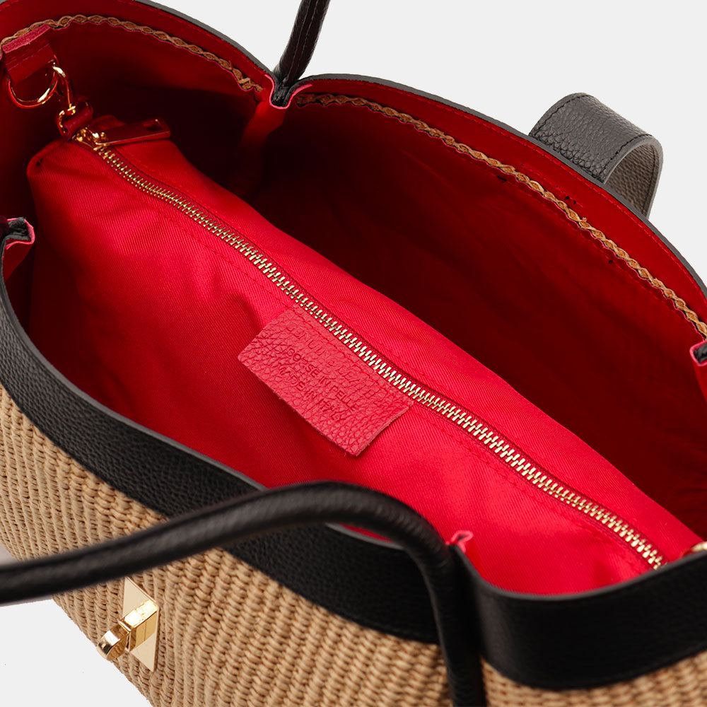 VIAVERDI Damen-Schultertasche aus Bast und schwarzem Leder, hergestellt in Italien, Cortona-Linie