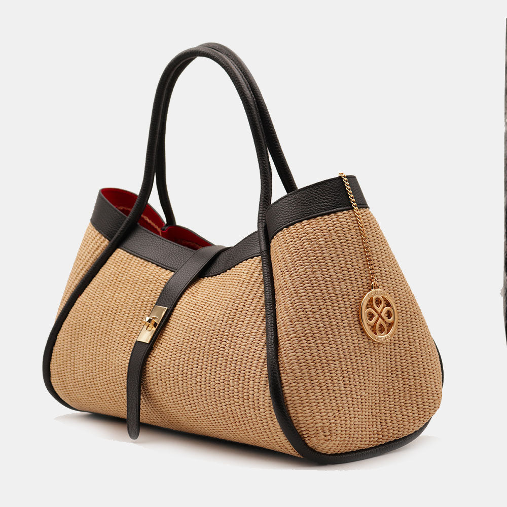 Borsa Donna a Spalla VIAVERDI in Rafia e Pelle Nera Made in Italy linea Cortona