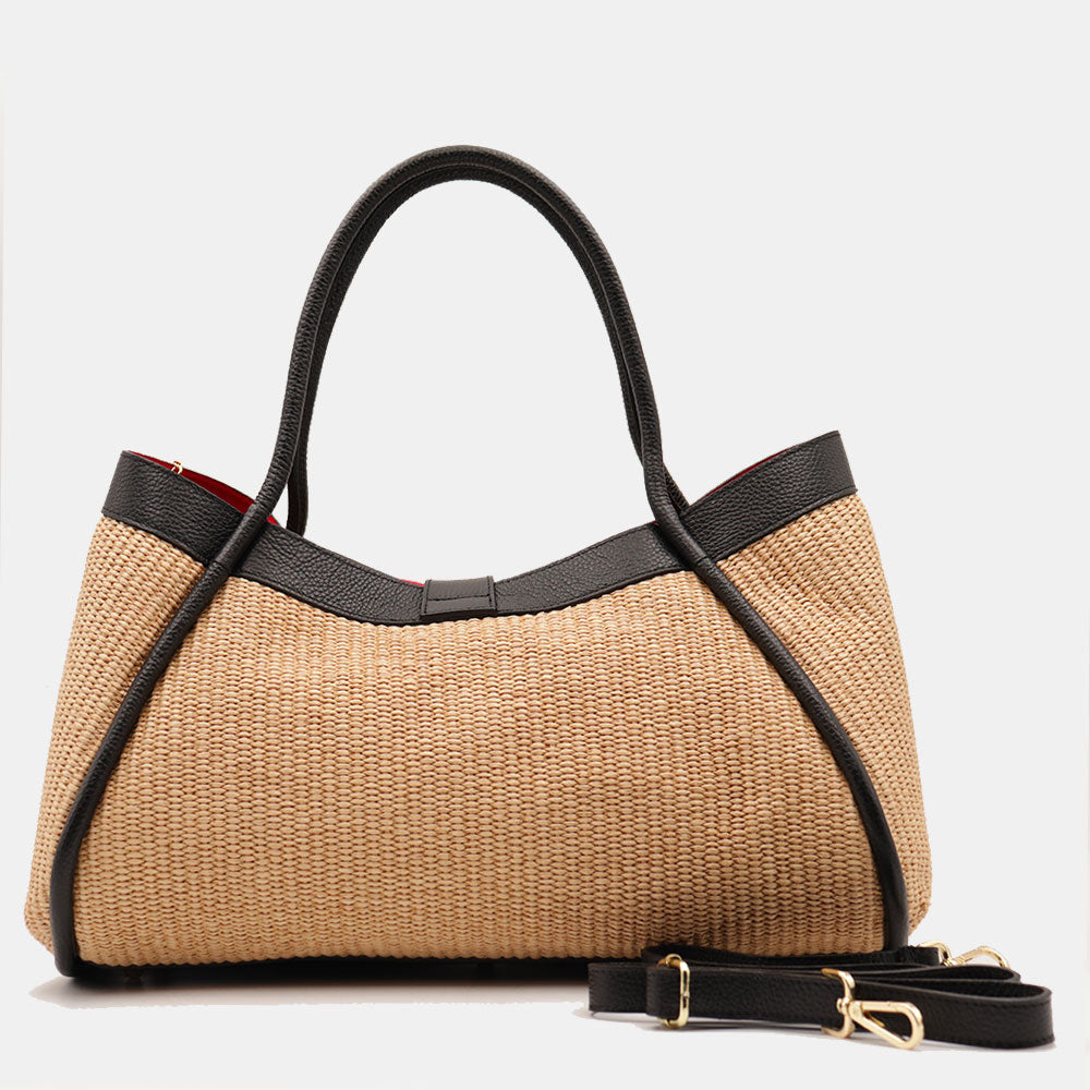 Borsa Donna a Spalla VIAVERDI in Rafia e Pelle Nera Made in Italy linea Cortona