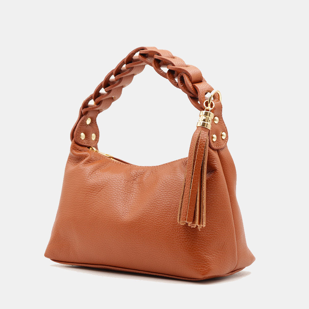 Borsa Donna a Mano con Tracolla VIAVERDI in Pelle color Cuoio Made in Italy linea Castiglione