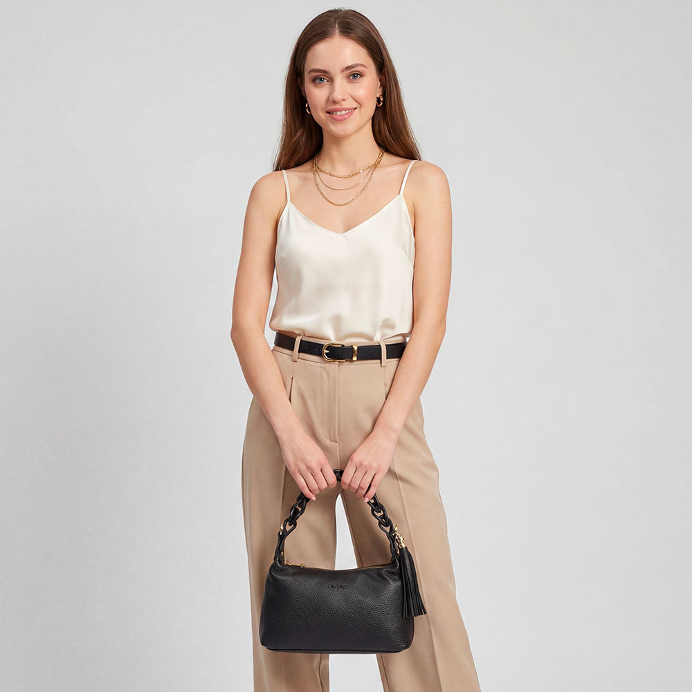 Borsa Donna a Mano con Tracolla VIAVERDI in Pelle Nera Made in Italy linea Castiglione