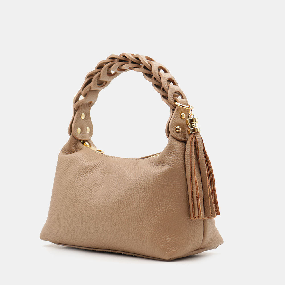 Borsa Donna a Mano con Tracolla VIAVERDI in Pelle Taupe Made in Italy linea Castiglione