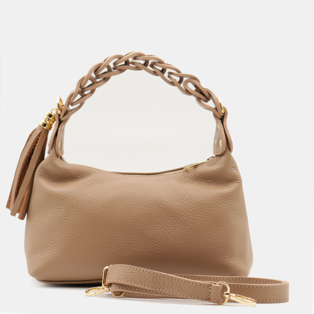 Borsa Donna a Mano con Tracolla VIAVERDI in Pelle Taupe Made in Italy linea Castiglione