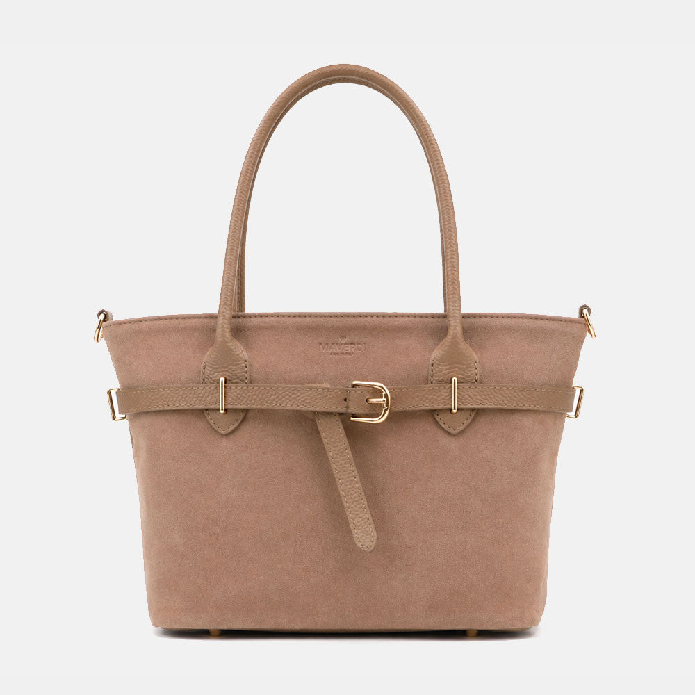 Borsa a Spalla VIAVERDI in Camoscio Taupe Made in Italy linea Castiglione