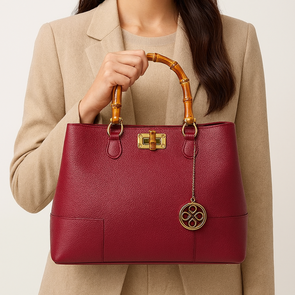 VIAVERDI Large Bordeaux Leather Bag Made in Italy, Volterra Line