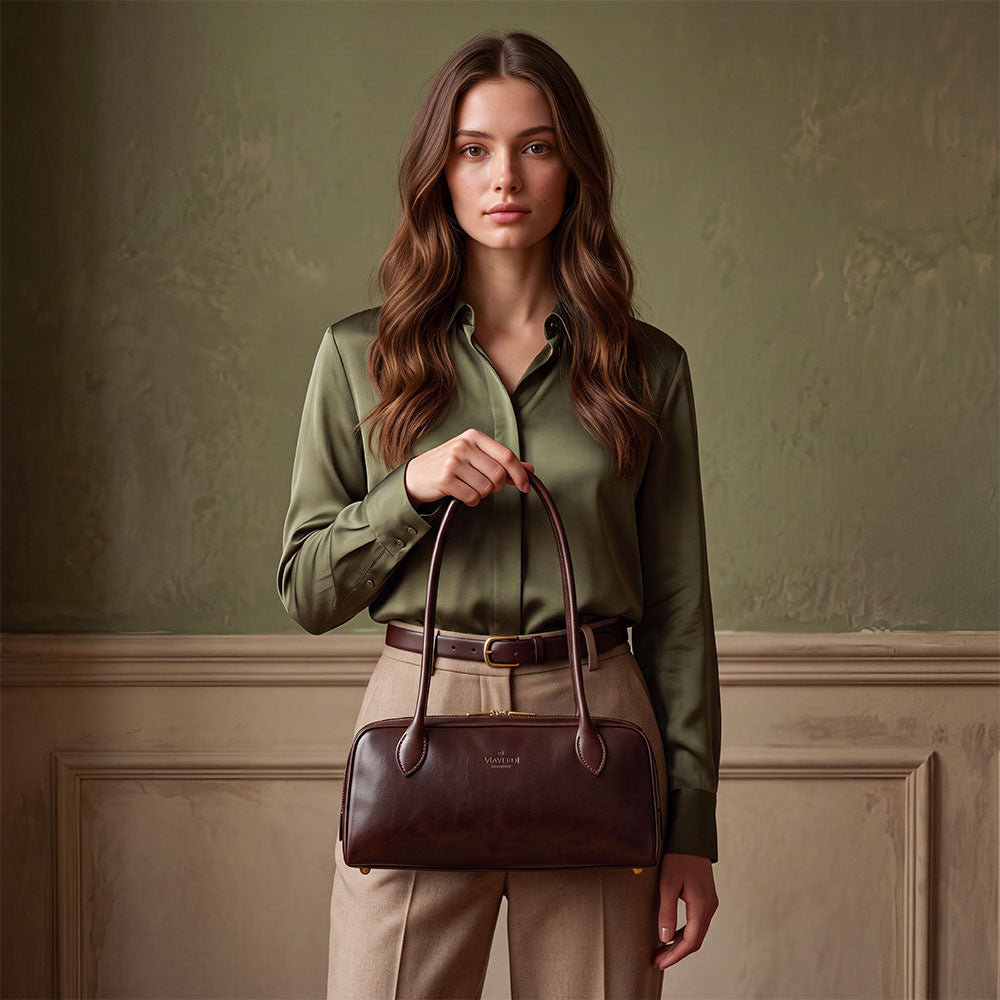 Borsa Donna Bauletto a Spalla Donna VIAVERDI in Pelle Marrone Testa Moro Made in Italy linea Firenze