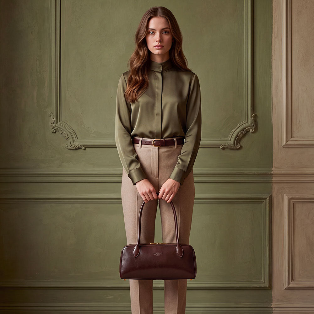 Bolso bowling de hombro de mujer de piel marrón oscuro ViaVerdi, Made in Italy – línea Firenze
