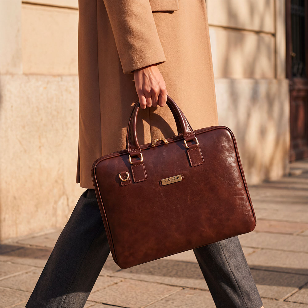 Borsa Sottile Porta Pc 15.6 e Documenti VIAVERDI in Pelle Testa di Moro Made in Italy Linea Firenze