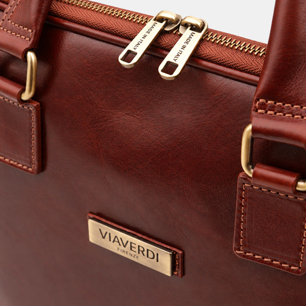 Borsa Sottile Porta Pc 15.6 e Documenti VIAVERDI in Pelle Marrone Made in Italy Linea Firenze
