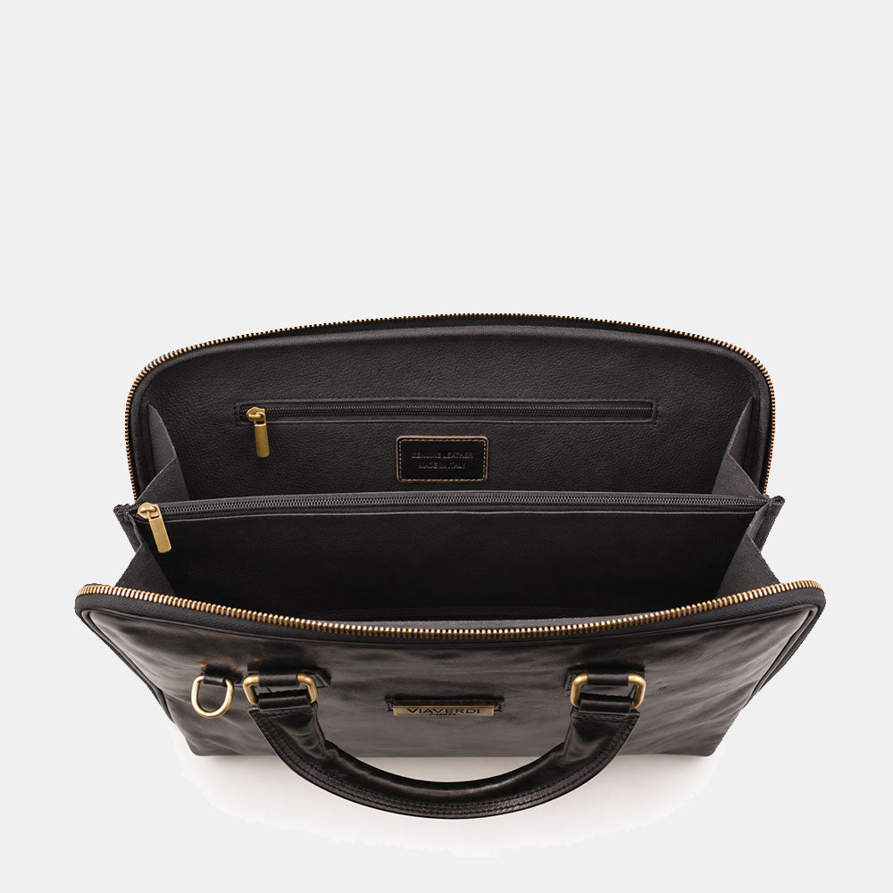 Borsa Sottile Porta Pc 15.6 e Documenti VIAVERDI in Pelle Nera Made in Italy Linea Firenze