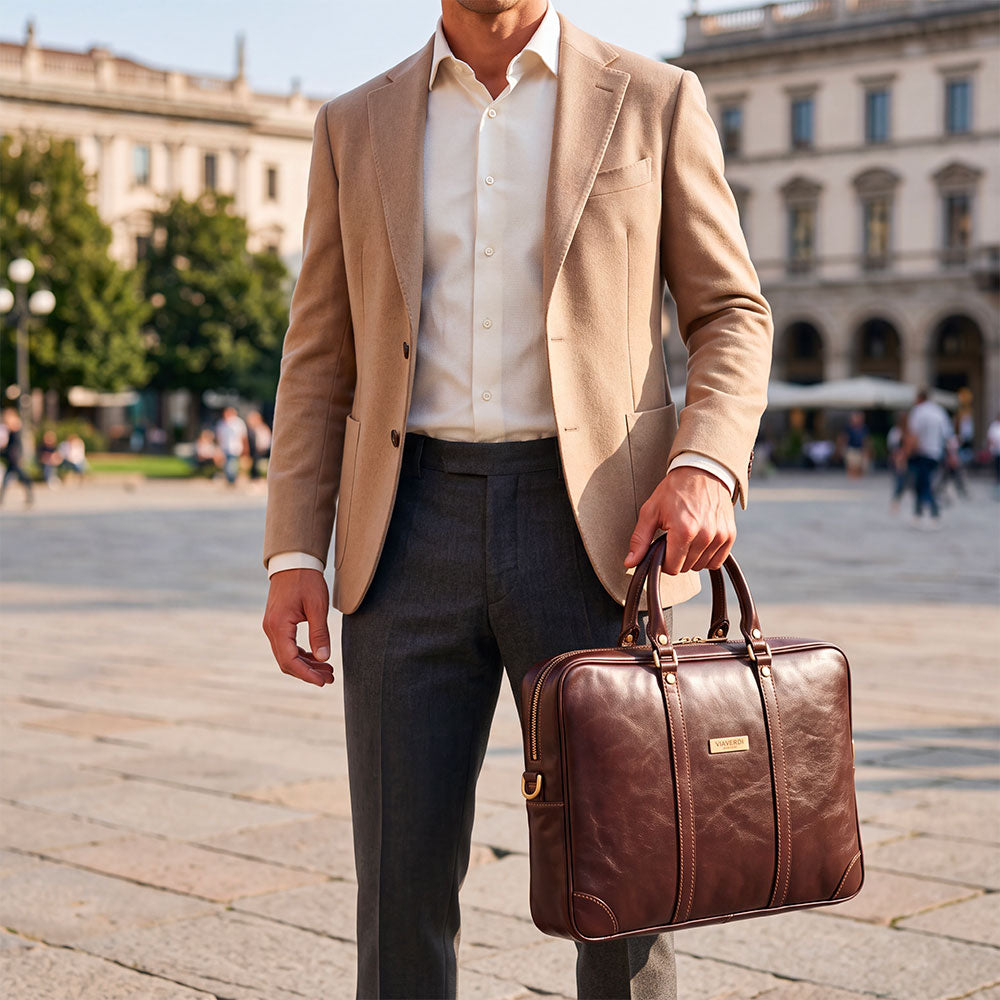 Borsa da Ufficio in Pelle Marrone Testa di Moro VIAVERDI Made in Italy Linea Firenze - Porta Pc 15.6