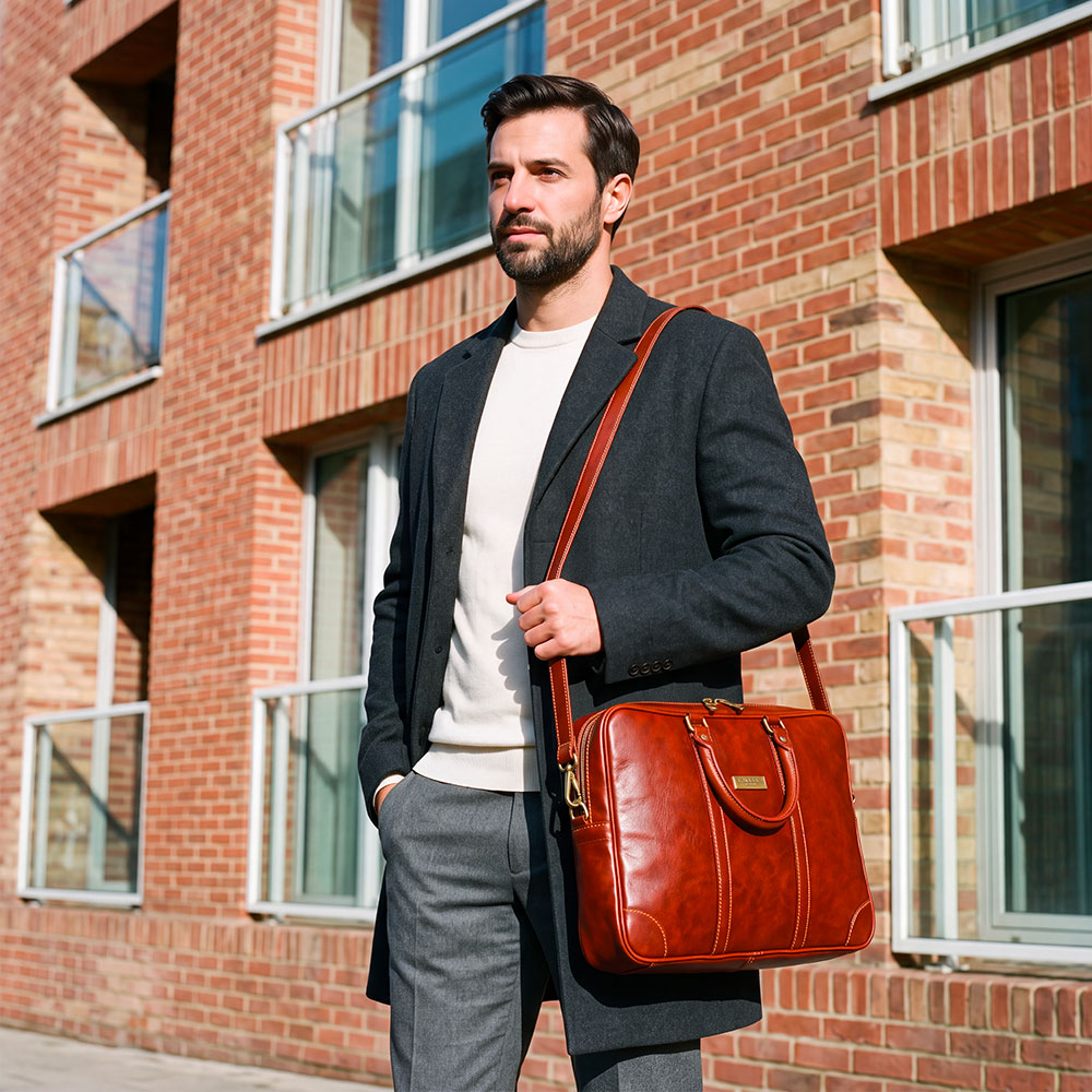 Borsa da Ufficio in Pelle Marrone VIAVERDI Made in Italy Linea Firenze - Porta Pc 15.6