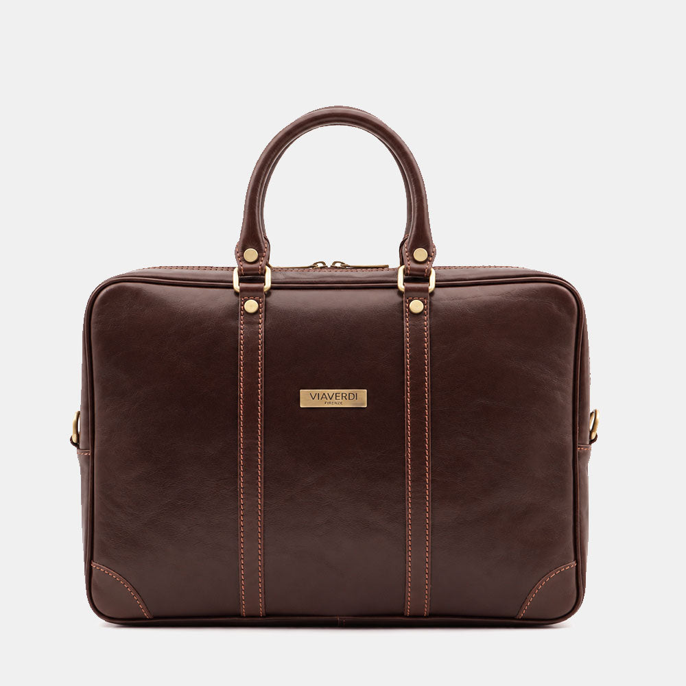 Borsa da Ufficio in Pelle Marrone Testa di Moro VIAVERDI Made in Italy Linea Firenze - Porta Pc 15.6
