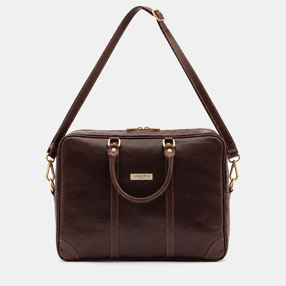 Borsa da Ufficio in Pelle Marrone Testa di Moro VIAVERDI Made in Italy Linea Firenze - Porta Pc 15.6