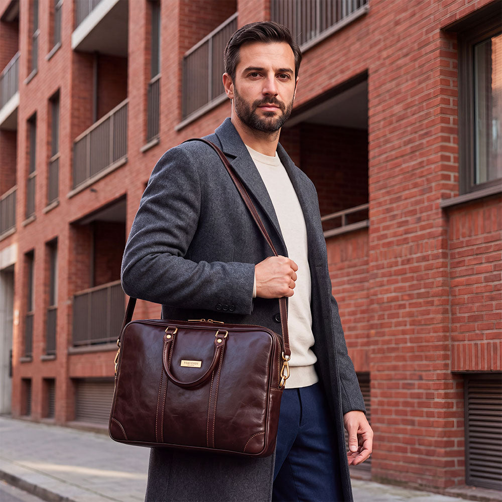 Borsa da Ufficio in Pelle Marrone Testa di Moro VIAVERDI Made in Italy Linea Firenze - Porta Pc 15.6
