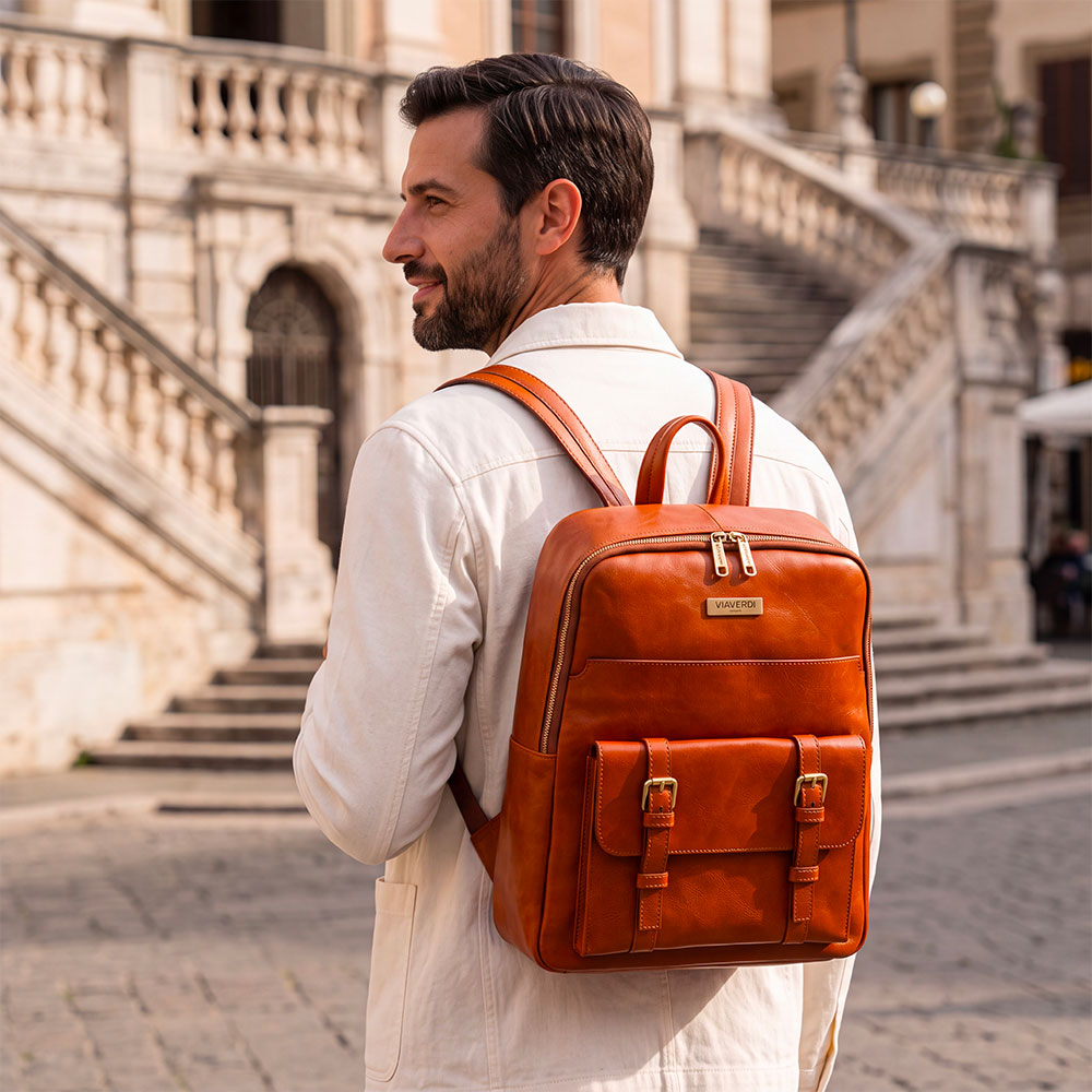 Backpack in Tan Leather Made in Italy – Line Firenze – 15.6" Laptop Compartment
