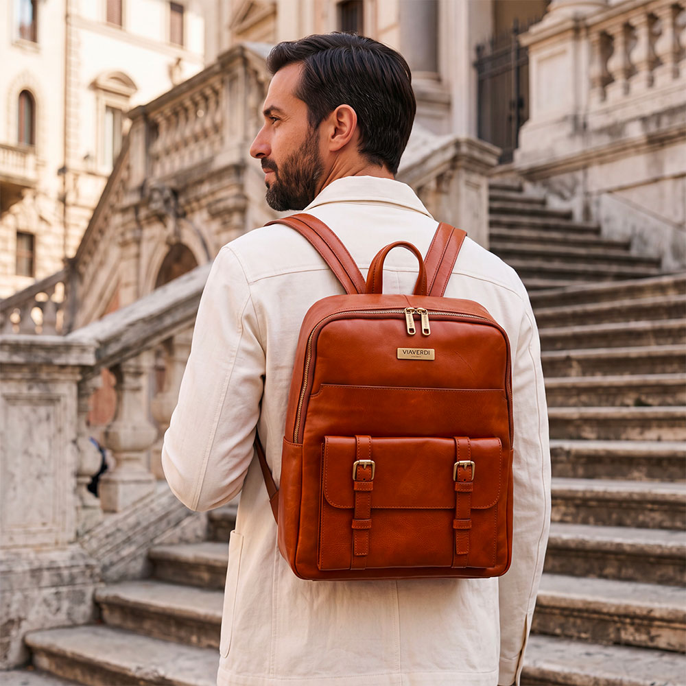 Backpack in Tan Leather Made in Italy – Line Firenze – 15.6" Laptop Compartment