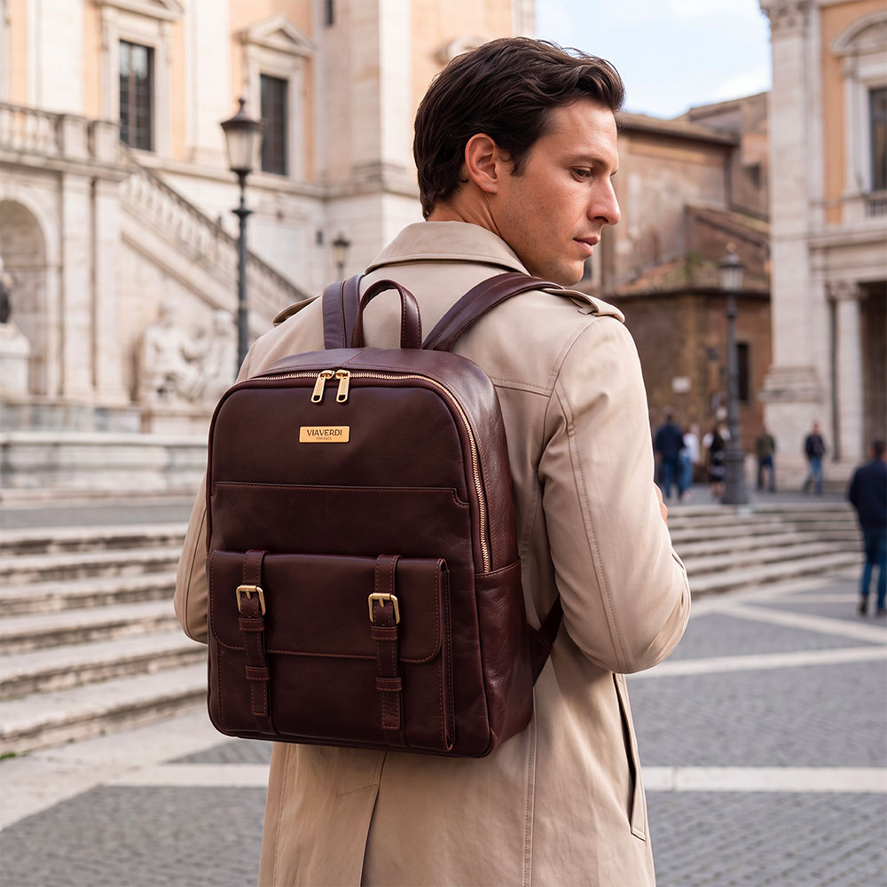 Backpack in Dark Brown Leather Made in Italy Line Firenze – 15.6" Laptop Compartment
