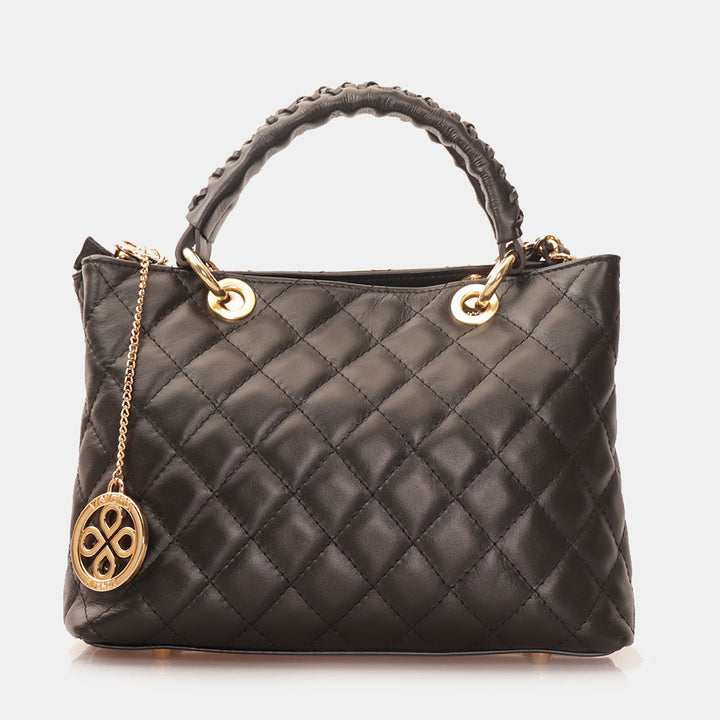 Borsa a Mano con Tracolla VIAVERDI in Pelle Nera Matelassè Made in Italy linea Saturnia