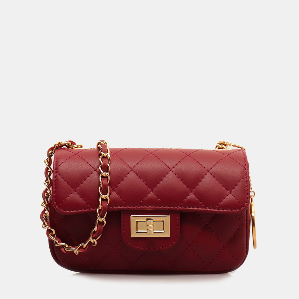 Borsa Piccola a Spalla VIAVERDI in Pelle Bordeaux Matelassè Made in Italy linea Saturnia