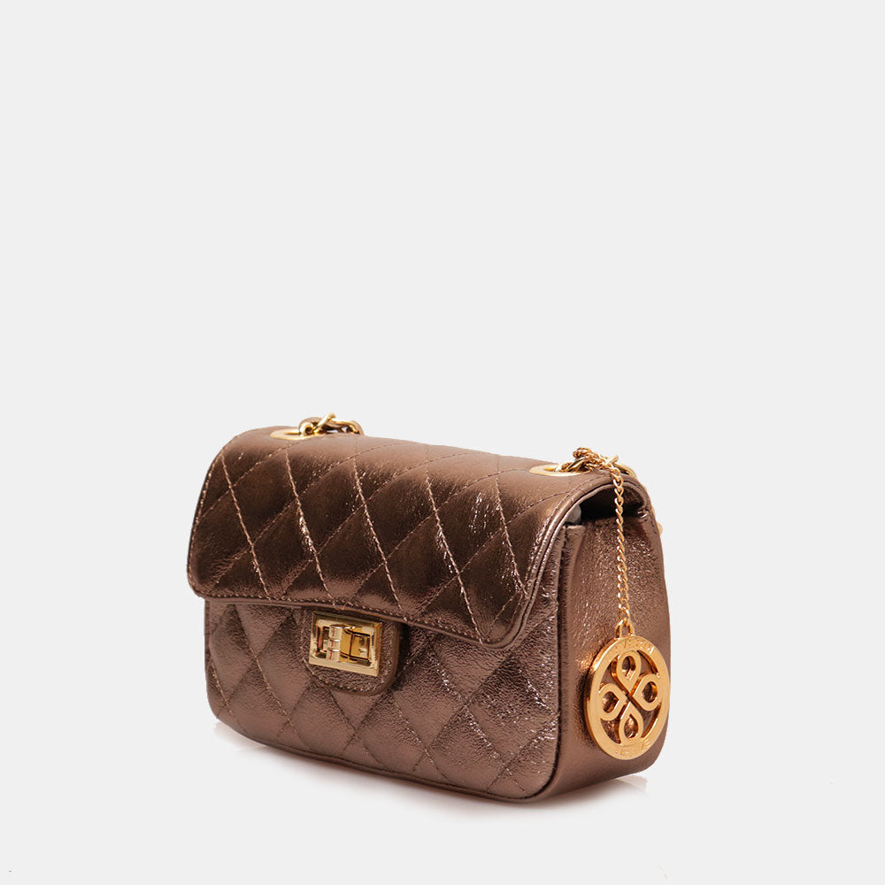 Borsa Piccola a Spalla VIAVERDI in Pelle Bronzo Matelassè Made in Italy linea Saturnia