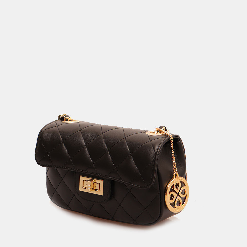 Borsa Piccola a Spalla VIAVERDI in Pelle Nera Matelassè Made in Italy linea Saturnia