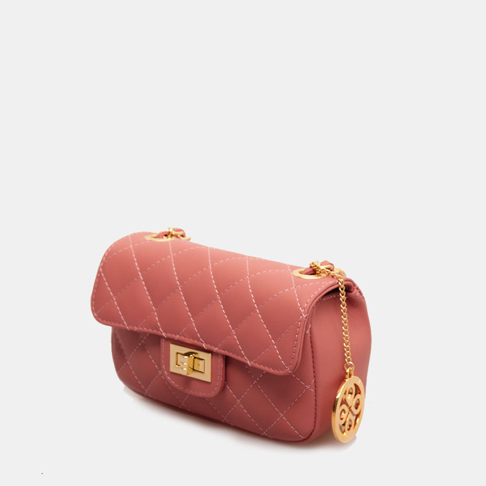 Borsa Piccola a Spalla VIAVERDI in Pelle Rosa Matelassè Made in Italy linea Saturnia