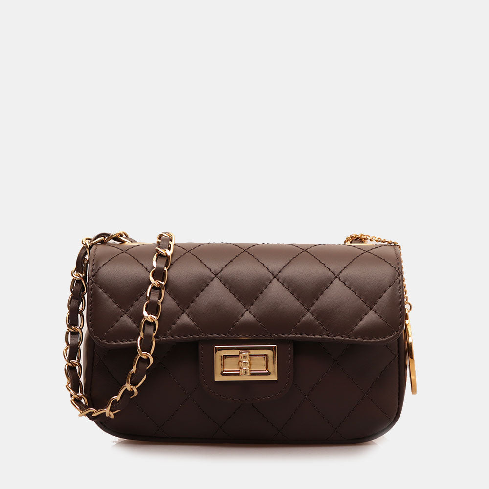 Borsa Piccola a Spalla VIAVERDI in Pelle Marrone Testa Moro Matelassè Made in Italy linea Saturnia