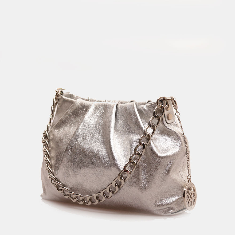 Borsa Hobo a Spalla con Catena VIAVERDI in Pelle Argento Made in Italy linea Monteriggioni
