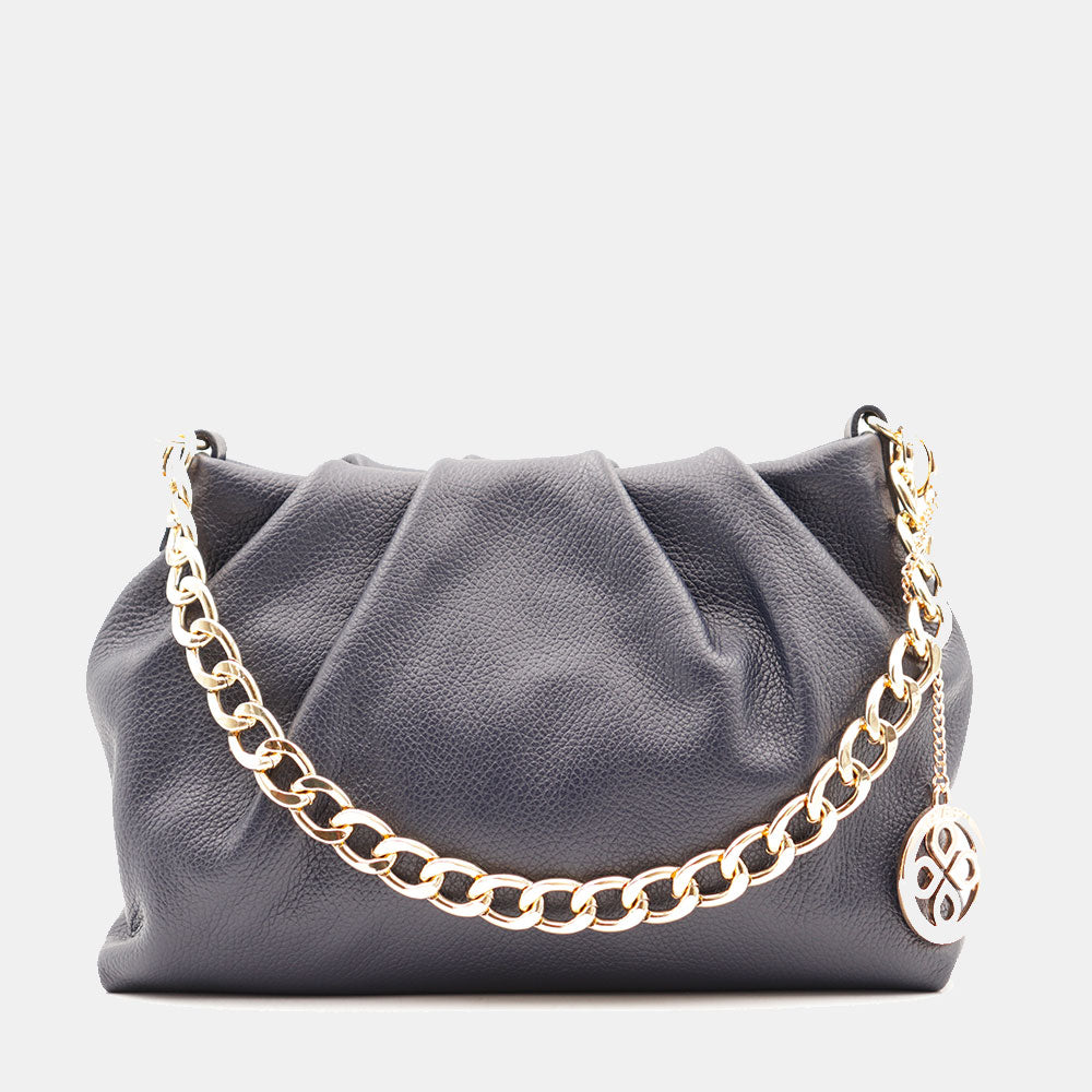 Borsa Hobo a Spalla con Catena VIAVERDI in Pelle Blu Made in Italy linea Monteriggioni