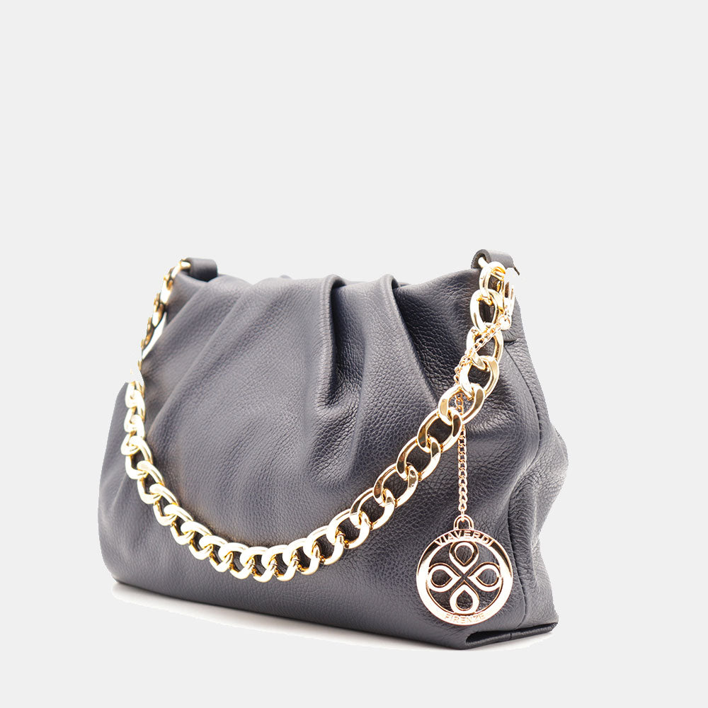Borsa Hobo a Spalla con Catena VIAVERDI in Pelle Blu Made in Italy linea Monteriggioni