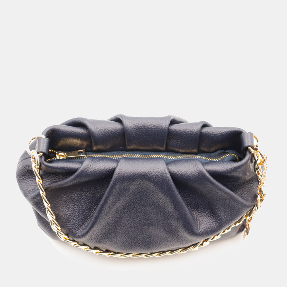 Borsa Hobo a Spalla con Catena VIAVERDI in Pelle Blu Made in Italy linea Monteriggioni