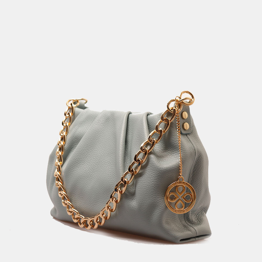 Borsa Hobo a Spalla con Catena VIAVERDI in Pelle Celeste Made in Italy linea Monteriggioni