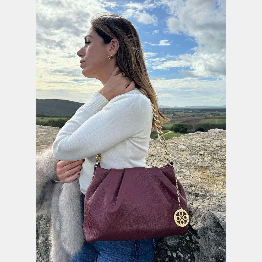 Borsa Hobo a Spalla con Catena VIAVERDI in Pelle Celeste Made in Italy linea Monteriggioni