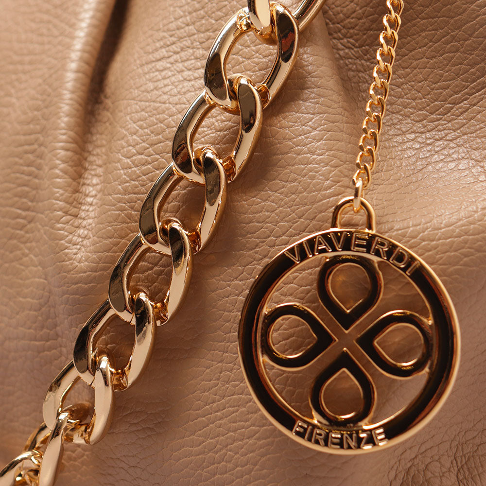 Borsa Hobo a Spalla con Catena VIAVERDI in Pelle Taupe Made in Italy linea Monteriggioni