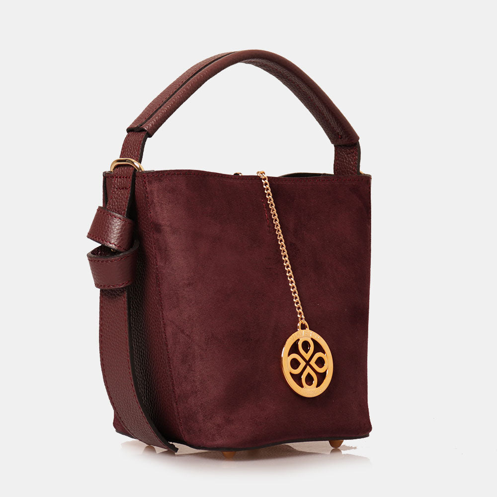 Borsa Secchiello con Pochette VIAVERDI in Camoscio e Pelle Bordeaux Made in Italy linea Pienza