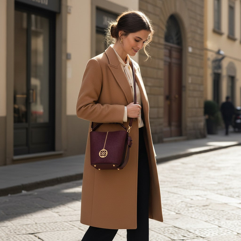 Borsa Secchiello con Pochette VIAVERDI in Camoscio e Pelle Bordeaux Made in Italy linea Pienza
