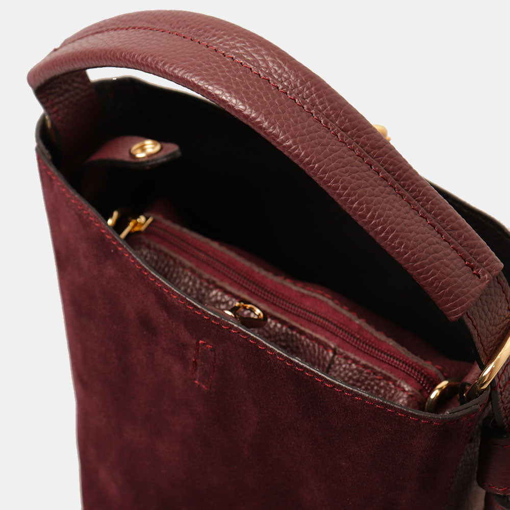 Borsa Secchiello con Pochette VIAVERDI in Camoscio e Pelle Bordeaux Made in Italy linea Pienza